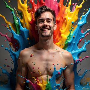Paint Splat Fun - AI Photos of Hot men having fun with body paint. AI-generated abstract art featuring beautiful, handsome, sexy, shirtless, men, boys, lads, full of excitement joy and fun, covered in body paint, dynamic, interactive, Combining elements of realism with surreal abstract qualities, showcasing the potential of AI, in artistic expression. Photos of guys, just smiling, happy, and having a good time. Most of them are smiling because a paint bomb just blow up next to them, so I'm calling is Abstract Art. When paint attacks and makes people happy, it's Art!