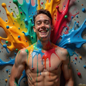 Paint Splat Fun - AI Photos of Hot men having fun with body paint. AI-generated abstract art featuring beautiful, handsome, sexy, shirtless, men, boys, lads, full of excitement joy and fun, covered in body paint, dynamic, interactive, Combining elements of realism with surreal abstract qualities, showcasing the potential of AI, in artistic expression. Photos of guys, just smiling, happy, and having a good time. Most of them are smiling because a paint bomb just blow up next to them, so I'm calling is Abstract Art. When paint attacks and makes people happy, it's Art!