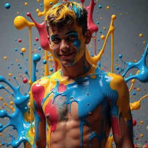 Paint Splat Fun - AI Photos of Hot men having fun with body paint. AI-generated abstract art featuring beautiful, handsome, sexy, shirtless, men, boys, lads, full of excitement joy and fun, covered in body paint, dynamic, interactive, Combining elements of realism with surreal abstract qualities, showcasing the potential of AI, in artistic expression. Photos of guys, just smiling, happy, and having a good time. Most of them are smiling because a paint bomb just blow up next to them, so I'm calling is Abstract Art. When paint attacks and makes people happy, it's Art!