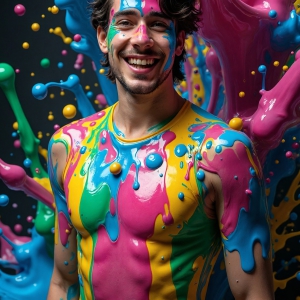 Paint Splat Fun - AI Photos of Hot men having fun with body paint. AI-generated abstract art featuring beautiful, handsome, sexy, shirtless, men, boys, lads, full of excitement joy and fun, covered in body paint, dynamic, interactive, Combining elements of realism with surreal abstract qualities, showcasing the potential of AI, in artistic expression. Photos of guys, just smiling, happy, and having a good time. Most of them are smiling because a paint bomb just blow up next to them, so I'm calling is Abstract Art. When paint attacks and makes people happy, it's Art!