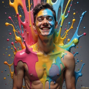 Paint Splat Fun - AI Photos of Hot men having fun with body paint. AI-generated abstract art featuring beautiful, handsome, sexy, shirtless, men, boys, lads, full of excitement joy and fun, covered in body paint, dynamic, interactive, Combining elements of realism with surreal abstract qualities, showcasing the potential of AI, in artistic expression. Photos of guys, just smiling, happy, and having a good time. Most of them are smiling because a paint bomb just blow up next to them, so I'm calling is Abstract Art. When paint attacks and makes people happy, it's Art!