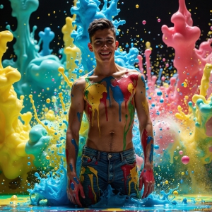 Paint Splat Fun - AI Photos of Hot men having fun with body paint. AI-generated abstract art featuring beautiful, handsome, sexy, shirtless, men, boys, lads, full of excitement joy and fun, covered in body paint, dynamic, interactive, Combining elements of realism with surreal abstract qualities, showcasing the potential of AI, in artistic expression. Photos of guys, just smiling, happy, and having a good time. Most of them are smiling because a paint bomb just blow up next to them, so I'm calling is Abstract Art. When paint attacks and makes people happy, it's Art!