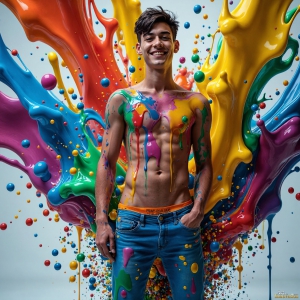 Paint Splat Fun - AI Photos of Hot men having fun with body paint. AI-generated abstract art featuring beautiful, handsome, sexy, shirtless, men, boys, lads, full of excitement joy and fun, covered in body paint, dynamic, interactive, Combining elements of realism with surreal abstract qualities, showcasing the potential of AI, in artistic expression. Photos of guys, just smiling, happy, and having a good time. Most of them are smiling because a paint bomb just blow up next to them, so I'm calling is Abstract Art. When paint attacks and makes people happy, it's Art!