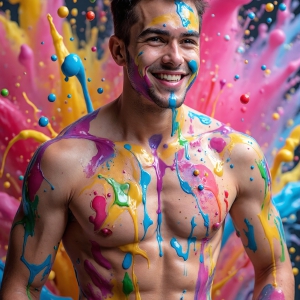 Paint Splat Fun - AI Photos of Hot men having fun with body paint. AI-generated abstract art featuring beautiful, handsome, sexy, shirtless, men, boys, lads, full of excitement joy and fun, covered in body paint, dynamic, interactive, Combining elements of realism with surreal abstract qualities, showcasing the potential of AI, in artistic expression. Photos of guys, just smiling, happy, and having a good time. Most of them are smiling because a paint bomb just blow up next to them, so I'm calling is Abstract Art. When paint attacks and makes people happy, it's Art!