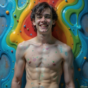 Paint Splat Fun - AI Photos of Hot men having fun with body paint. AI-generated abstract art featuring beautiful, handsome, sexy, shirtless, men, boys, lads, full of excitement joy and fun, covered in body paint, dynamic, interactive, Combining elements of realism with surreal abstract qualities, showcasing the potential of AI, in artistic expression. Photos of guys, just smiling, happy, and having a good time. Most of them are smiling because a paint bomb just blow up next to them, so I'm calling is Abstract Art. When paint attacks and makes people happy, it's Art!