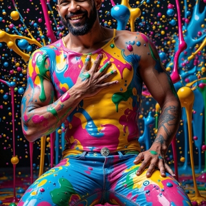 Paint Splat Fun - AI Photos of Hot men having fun with body paint. AI-generated abstract art featuring beautiful, handsome, sexy, shirtless, men, boys, lads, full of excitement joy and fun, covered in body paint, dynamic, interactive, Combining elements of realism with surreal abstract qualities, showcasing the potential of AI, in artistic expression. Photos of guys, just smiling, happy, and having a good time. Most of them are smiling because a paint bomb just blow up next to them, so I'm calling is Abstract Art. When paint attacks and makes people happy, it's Art!