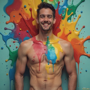 Paint Splat Fun - AI Photos of Hot men having fun with body paint. AI-generated abstract art featuring beautiful, handsome, sexy, shirtless, men, boys, lads, full of excitement joy and fun, covered in body paint, dynamic, interactive, Combining elements of realism with surreal abstract qualities, showcasing the potential of AI, in artistic expression. Photos of guys, just smiling, happy, and having a good time. Most of them are smiling because a paint bomb just blow up next to them, so I'm calling is Abstract Art. When paint attacks and makes people happy, it's Art!