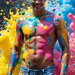 Paint Splat Fun - AI Photos of Hot men having fun with body paint. AI-generated abstract art featuring beautiful, handsome, sexy, shirtless, men, boys, lads, full of excitement joy and fun, covered in body paint, dynamic, interactive, Combining elements of realism with surreal abstract qualities, showcasing the potential of AI, in artistic expression. Photos of guys, just smiling, happy, and having a good time. Most of them are smiling because a paint bomb just blow up next to them, so I'm calling is Abstract Art. When paint attacks and makes people happy, it's Art!