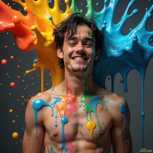 Paint Splat Fun - AI Photos of Hot men having fun with body paint. AI-generated abstract art featuring beautiful, handsome, sexy, shirtless, men, boys, lads, full of excitement joy and fun, covered in body paint, dynamic, interactive, Combining elements of realism with surreal abstract qualities, showcasing the potential of AI, in artistic expression. Photos of guys, just smiling, happy, and having a good time. Most of them are smiling because a paint bomb just blow up next to them, so I'm calling is Abstract Art. When paint attacks and makes people happy, it's Art!