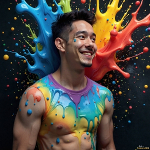 Paint Splat Fun - AI Photos of Hot men having fun with body paint. AI-generated abstract art featuring beautiful, handsome, sexy, shirtless, men, boys, lads, full of excitement joy and fun, covered in body paint, dynamic, interactive, Combining elements of realism with surreal abstract qualities, showcasing the potential of AI, in artistic expression. Photos of guys, just smiling, happy, and having a good time. Most of them are smiling because a paint bomb just blow up next to them, so I'm calling is Abstract Art. When paint attacks and makes people happy, it's Art!