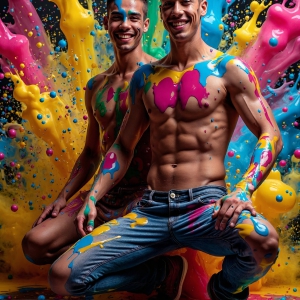 Paint Splat Fun - AI Photos of Hot men having fun with body paint. AI-generated abstract art featuring beautiful, handsome, sexy, shirtless, men, boys, lads, full of excitement joy and fun, covered in body paint, dynamic, interactive, Combining elements of realism with surreal abstract qualities, showcasing the potential of AI, in artistic expression. Photos of guys, just smiling, happy, and having a good time. Most of them are smiling because a paint bomb just blow up next to them, so I'm calling is Abstract Art. When paint attacks and makes people happy, it's Art!