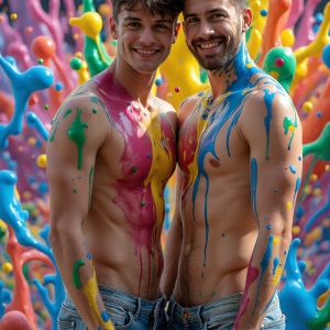 Paint Splat Fun - AI Photos of Hot men having fun with body paint. AI-generated abstract art featuring beautiful, handsome, sexy, shirtless, men, boys, lads, full of excitement joy and fun, covered in body paint, dynamic, interactive, Combining elements of realism with surreal abstract qualities, showcasing the potential of AI, in artistic expression. Photos of guys, just smiling, happy, and having a good time. Most of them are smiling because a paint bomb just blow up next to them, so I'm calling is Abstract Art. When paint attacks and makes people happy, it's Art!