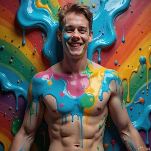 Paint Splat Fun - AI Photos of Hot men having fun with body paint. AI-generated abstract art featuring beautiful, handsome, sexy, shirtless, men, boys, lads, full of excitement joy and fun, covered in body paint, dynamic, interactive, Combining elements of realism with surreal abstract qualities, showcasing the potential of AI, in artistic expression. Photos of guys, just smiling, happy, and having a good time. Most of them are smiling because a paint bomb just blow up next to them, so I'm calling is Abstract Art. When paint attacks and makes people happy, it's Art!