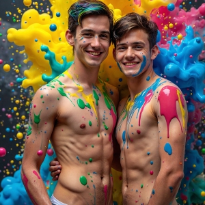 Paint Splat Fun - AI Photos of Hot men having fun with body paint. AI-generated abstract art featuring beautiful, handsome, sexy, shirtless, men, boys, lads, full of excitement joy and fun, covered in body paint, dynamic, interactive, Combining elements of realism with surreal abstract qualities, showcasing the potential of AI, in artistic expression. Photos of guys, just smiling, happy, and having a good time. Most of them are smiling because a paint bomb just blow up next to them, so I'm calling is Abstract Art. When paint attacks and makes people happy, it's Art!