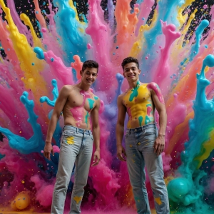 Paint Splat Fun - AI Photos of Hot men having fun with body paint. AI-generated abstract art featuring beautiful, handsome, sexy, shirtless, men, boys, lads, full of excitement joy and fun, covered in body paint, dynamic, interactive, Combining elements of realism with surreal abstract qualities, showcasing the potential of AI, in artistic expression. Photos of guys, just smiling, happy, and having a good time. Most of them are smiling because a paint bomb just blow up next to them, so I'm calling is Abstract Art. When paint attacks and makes people happy, it's Art!