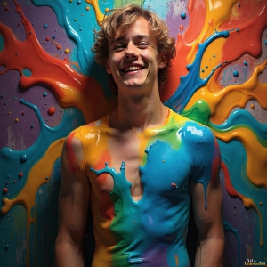 Paint Splat Fun - AI Photos of Hot men having fun with body paint. AI-generated abstract art featuring beautiful, handsome, sexy, shirtless, men, boys, lads, full of excitement joy and fun, covered in body paint, dynamic, interactive, Combining elements of realism with surreal abstract qualities, showcasing the potential of AI, in artistic expression. Photos of guys, just smiling, happy, and having a good time. Most of them are smiling because a paint bomb just blow up next to them, so I'm calling is Abstract Art. When paint attacks and makes people happy, it's Art!