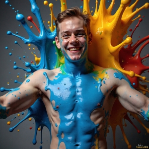 Paint Splat Fun - AI Photos of Hot men having fun with body paint. AI-generated abstract art featuring beautiful, handsome, sexy, shirtless, men, boys, lads, full of excitement joy and fun, covered in body paint, dynamic, interactive, Combining elements of realism with surreal abstract qualities, showcasing the potential of AI, in artistic expression. Photos of guys, just smiling, happy, and having a good time. Most of them are smiling because a paint bomb just blow up next to them, so I'm calling is Abstract Art. When paint attacks and makes people happy, it's Art!