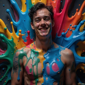 Paint Splat Fun - AI Photos of Hot men having fun with body paint. AI-generated abstract art featuring beautiful, handsome, sexy, shirtless, men, boys, lads, full of excitement joy and fun, covered in body paint, dynamic, interactive, Combining elements of realism with surreal abstract qualities, showcasing the potential of AI, in artistic expression. Photos of guys, just smiling, happy, and having a good time. Most of them are smiling because a paint bomb just blow up next to them, so I'm calling is Abstract Art. When paint attacks and makes people happy, it's Art!
