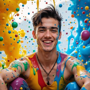 Paint Splat Fun - AI Photos of Hot men having fun with body paint. AI-generated abstract art featuring beautiful, handsome, sexy, shirtless, men, boys, lads, full of excitement joy and fun, covered in body paint, dynamic, interactive, Combining elements of realism with surreal abstract qualities, showcasing the potential of AI, in artistic expression. Photos of guys, just smiling, happy, and having a good time. Most of them are smiling because a paint bomb just blow up next to them, so I'm calling is Abstract Art. When paint attacks and makes people happy, it's Art!