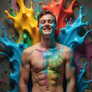 Paint Splat Fun - AI Photos of Hot men having fun with body paint. AI-generated abstract art featuring beautiful, handsome, sexy, shirtless, men, boys, lads, full of excitement joy and fun, covered in body paint, dynamic, interactive, Combining elements of realism with surreal abstract qualities, showcasing the potential of AI, in artistic expression. Photos of guys, just smiling, happy, and having a good time. Most of them are smiling because a paint bomb just blow up next to them, so I'm calling is Abstract Art. When paint attacks and makes people happy, it's Art!