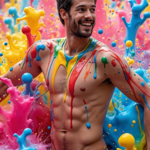 Paint Splat Fun - AI Photos of Hot men having fun with body paint. AI-generated abstract art featuring beautiful, handsome, sexy, shirtless, men, boys, lads, full of excitement joy and fun, covered in body paint, dynamic, interactive, Combining elements of realism with surreal abstract qualities, showcasing the potential of AI, in artistic expression. Photos of guys, just smiling, happy, and having a good time. Most of them are smiling because a paint bomb just blow up next to them, so I'm calling is Abstract Art. When paint attacks and makes people happy, it's Art!