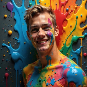 Paint Splat Fun - AI Photos of Hot men having fun with body paint. AI-generated abstract art featuring beautiful, handsome, sexy, shirtless, men, boys, lads, full of excitement joy and fun, covered in body paint, dynamic, interactive, Combining elements of realism with surreal abstract qualities, showcasing the potential of AI, in artistic expression. Photos of guys, just smiling, happy, and having a good time. Most of them are smiling because a paint bomb just blow up next to them, so I'm calling is Abstract Art. When paint attacks and makes people happy, it's Art!