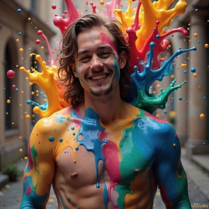 Paint Splat Fun - AI Photos of Hot men having fun with body paint. AI-generated abstract art featuring beautiful, handsome, sexy, shirtless, men, boys, lads, full of excitement joy and fun, covered in body paint, dynamic, interactive, Combining elements of realism with surreal abstract qualities, showcasing the potential of AI, in artistic expression. Photos of guys, just smiling, happy, and having a good time. Most of them are smiling because a paint bomb just blow up next to them, so I'm calling is Abstract Art. When paint attacks and makes people happy, it's Art!