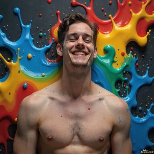 Paint Splat Fun - AI Photos of Hot men having fun with body paint. AI-generated abstract art featuring beautiful, handsome, sexy, shirtless, men, boys, lads, full of excitement joy and fun, covered in body paint, dynamic, interactive, Combining elements of realism with surreal abstract qualities, showcasing the potential of AI, in artistic expression. Photos of guys, just smiling, happy, and having a good time. Most of them are smiling because a paint bomb just blow up next to them, so I'm calling is Abstract Art. When paint attacks and makes people happy, it's Art!