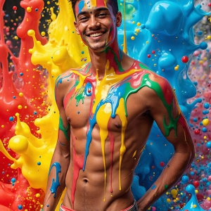 Paint Splat Fun - AI Photos of Hot men having fun with body paint. AI-generated abstract art featuring beautiful, handsome, sexy, shirtless, men, boys, lads, full of excitement joy and fun, covered in body paint, dynamic, interactive, Combining elements of realism with surreal abstract qualities, showcasing the potential of AI, in artistic expression. Photos of guys, just smiling, happy, and having a good time. Most of them are smiling because a paint bomb just blow up next to them, so I'm calling is Abstract Art. When paint attacks and makes people happy, it's Art!