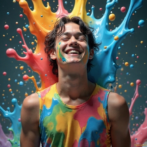 Paint Splat Fun - AI Photos of Hot men having fun with body paint. AI-generated abstract art featuring beautiful, handsome, sexy, shirtless, men, boys, lads, full of excitement joy and fun, covered in body paint, dynamic, interactive, Combining elements of realism with surreal abstract qualities, showcasing the potential of AI, in artistic expression. Photos of guys, just smiling, happy, and having a good time. Most of them are smiling because a paint bomb just blow up next to them, so I'm calling is Abstract Art. When paint attacks and makes people happy, it's Art!