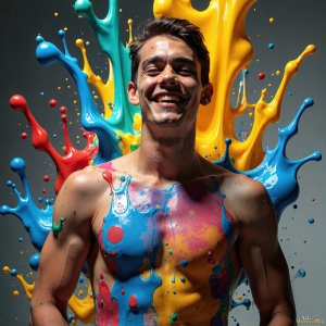 Paint Splat Fun - AI Photos of Hot men having fun with body paint. AI-generated abstract art featuring beautiful, handsome, sexy, shirtless, men, boys, lads, full of excitement joy and fun, covered in body paint, dynamic, interactive, Combining elements of realism with surreal abstract qualities, showcasing the potential of AI, in artistic expression. Photos of guys, just smiling, happy, and having a good time. Most of them are smiling because a paint bomb just blow up next to them, so I'm calling is Abstract Art. When paint attacks and makes people happy, it's Art!