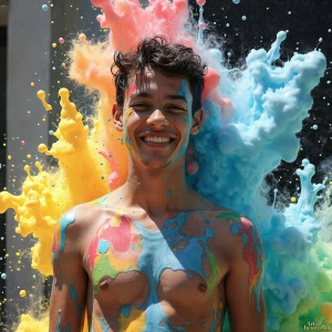 Paint Splat Fun - AI Photos of Hot men having fun with body paint. AI-generated abstract art featuring beautiful, handsome, sexy, shirtless, men, boys, lads, full of excitement joy and fun, covered in body paint, dynamic, interactive, Combining elements of realism with surreal abstract qualities, showcasing the potential of AI, in artistic expression. Photos of guys, just smiling, happy, and having a good time. Most of them are smiling because a paint bomb just blow up next to them, so I'm calling is Abstract Art. When paint attacks and makes people happy, it's Art!