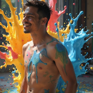 Paint Splat Fun - AI Photos of Hot men having fun with body paint. AI-generated abstract art featuring beautiful, handsome, sexy, shirtless, men, boys, lads, full of excitement joy and fun, covered in body paint, dynamic, interactive, Combining elements of realism with surreal abstract qualities, showcasing the potential of AI, in artistic expression. Photos of guys, just smiling, happy, and having a good time. Most of them are smiling because a paint bomb just blow up next to them, so I'm calling is Abstract Art. When paint attacks and makes people happy, it's Art!