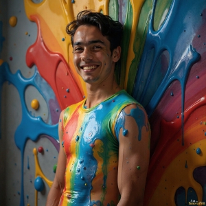 Paint Splat Fun - AI Photos of Hot men having fun with body paint. AI-generated abstract art featuring beautiful, handsome, sexy, shirtless, men, boys, lads, full of excitement joy and fun, covered in body paint, dynamic, interactive, Combining elements of realism with surreal abstract qualities, showcasing the potential of AI, in artistic expression. Photos of guys, just smiling, happy, and having a good time. Most of them are smiling because a paint bomb just blow up next to them, so I'm calling is Abstract Art. When paint attacks and makes people happy, it's Art!