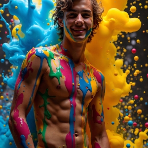 Paint Splat Fun - AI Photos of Hot men having fun with body paint. AI-generated abstract art featuring beautiful, handsome, sexy, shirtless, men, boys, lads, full of excitement joy and fun, covered in body paint, dynamic, interactive, Combining elements of realism with surreal abstract qualities, showcasing the potential of AI, in artistic expression. Photos of guys, just smiling, happy, and having a good time. Most of them are smiling because a paint bomb just blow up next to them, so I'm calling is Abstract Art. When paint attacks and makes people happy, it's Art!