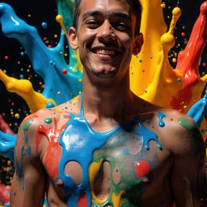 Paint Splat Fun - AI Photos of Hot men having fun with body paint. AI-generated abstract art featuring beautiful, handsome, sexy, shirtless, men, boys, lads, full of excitement joy and fun, covered in body paint, dynamic, interactive, Combining elements of realism with surreal abstract qualities, showcasing the potential of AI, in artistic expression. Photos of guys, just smiling, happy, and having a good time. Most of them are smiling because a paint bomb just blow up next to them, so I'm calling is Abstract Art. When paint attacks and makes people happy, it's Art!