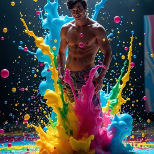 Paint Splat Fun - AI Photos of Hot men having fun with body paint. AI-generated abstract art featuring beautiful, handsome, sexy, shirtless, men, boys, lads, full of excitement joy and fun, covered in body paint, dynamic, interactive, Combining elements of realism with surreal abstract qualities, showcasing the potential of AI, in artistic expression. Photos of guys, just smiling, happy, and having a good time. Most of them are smiling because a paint bomb just blow up next to them, so I'm calling is Abstract Art. When paint attacks and makes people happy, it's Art!
