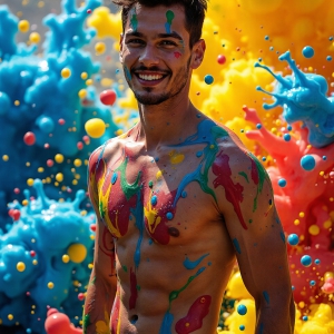 Paint Splat Fun - AI Photos of Hot men having fun with body paint. AI-generated abstract art featuring beautiful, handsome, sexy, shirtless, men, boys, lads, full of excitement joy and fun, covered in body paint, dynamic, interactive, Combining elements of realism with surreal abstract qualities, showcasing the potential of AI, in artistic expression. Photos of guys, just smiling, happy, and having a good time. Most of them are smiling because a paint bomb just blow up next to them, so I'm calling is Abstract Art. When paint attacks and makes people happy, it's Art!
