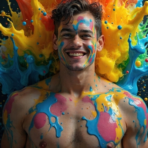 Paint Splat Fun - AI Photos of Hot men having fun with body paint. AI-generated abstract art featuring beautiful, handsome, sexy, shirtless, men, boys, lads, full of excitement joy and fun, covered in body paint, dynamic, interactive, Combining elements of realism with surreal abstract qualities, showcasing the potential of AI, in artistic expression. Photos of guys, just smiling, happy, and having a good time. Most of them are smiling because a paint bomb just blow up next to them, so I'm calling is Abstract Art. When paint attacks and makes people happy, it's Art!