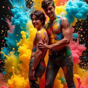 Paint Splat Fun - AI Photos of Hot men having fun with body paint. AI-generated abstract art featuring beautiful, handsome, sexy, shirtless, men, boys, lads, full of excitement joy and fun, covered in body paint, dynamic, interactive, Combining elements of realism with surreal abstract qualities, showcasing the potential of AI, in artistic expression. Photos of guys, just smiling, happy, and having a good time. Most of them are smiling because a paint bomb just blow up next to them, so I'm calling is Abstract Art. When paint attacks and makes people happy, it's Art!