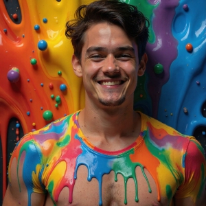 Paint Splat Fun - AI Photos of Hot men having fun with body paint. AI-generated abstract art featuring beautiful, handsome, sexy, shirtless, men, boys, lads, full of excitement joy and fun, covered in body paint, dynamic, interactive, Combining elements of realism with surreal abstract qualities, showcasing the potential of AI, in artistic expression. Photos of guys, just smiling, happy, and having a good time. Most of them are smiling because a paint bomb just blow up next to them, so I'm calling is Abstract Art. When paint attacks and makes people happy, it's Art!