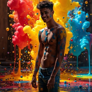 Paint Splat Fun - AI Photos of Hot men having fun with body paint. AI-generated abstract art featuring beautiful, handsome, sexy, shirtless, men, boys, lads, full of excitement joy and fun, covered in body paint, dynamic, interactive, Combining elements of realism with surreal abstract qualities, showcasing the potential of AI, in artistic expression. Photos of guys, just smiling, happy, and having a good time. Most of them are smiling because a paint bomb just blow up next to them, so I'm calling is Abstract Art. When paint attacks and makes people happy, it's Art!