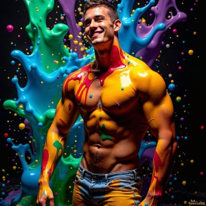 Paint Splat Fun - AI Photos of Hot men having fun with body paint. AI-generated abstract art featuring beautiful, handsome, sexy, shirtless, men, boys, lads, full of excitement joy and fun, covered in body paint, dynamic, interactive, Combining elements of realism with surreal abstract qualities, showcasing the potential of AI, in artistic expression. Photos of guys, just smiling, happy, and having a good time. Most of them are smiling because a paint bomb just blow up next to them, so I'm calling is Abstract Art. When paint attacks and makes people happy, it's Art!