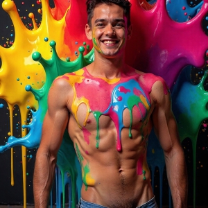 Paint Splat Fun - AI Photos of Hot men having fun with body paint. AI-generated abstract art featuring beautiful, handsome, sexy, shirtless, men, boys, lads, full of excitement joy and fun, covered in body paint, dynamic, interactive, Combining elements of realism with surreal abstract qualities, showcasing the potential of AI, in artistic expression. Photos of guys, just smiling, happy, and having a good time. Most of them are smiling because a paint bomb just blow up next to them, so I'm calling is Abstract Art. When paint attacks and makes people happy, it's Art!