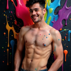 Paint Splat Fun - AI Photos of Hot men having fun with body paint. AI-generated abstract art featuring beautiful, handsome, sexy, shirtless, men, boys, lads, full of excitement joy and fun, covered in body paint, dynamic, interactive, Combining elements of realism with surreal abstract qualities, showcasing the potential of AI, in artistic expression. Photos of guys, just smiling, happy, and having a good time. Most of them are smiling because a paint bomb just blow up next to them, so I'm calling is Abstract Art. When paint attacks and makes people happy, it's Art!