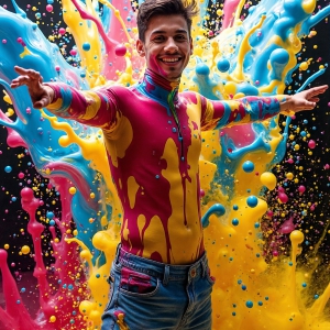 Paint Splat Fun - AI Photos of Hot men having fun with body paint. AI-generated abstract art featuring beautiful, handsome, sexy, shirtless, men, boys, lads, full of excitement joy and fun, covered in body paint, dynamic, interactive, Combining elements of realism with surreal abstract qualities, showcasing the potential of AI, in artistic expression. Photos of guys, just smiling, happy, and having a good time. Most of them are smiling because a paint bomb just blow up next to them, so I'm calling is Abstract Art. When paint attacks and makes people happy, it's Art!