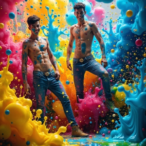Paint Splat Fun - AI Photos of Hot men having fun with body paint. AI-generated abstract art featuring beautiful, handsome, sexy, shirtless, men, boys, lads, full of excitement joy and fun, covered in body paint, dynamic, interactive, Combining elements of realism with surreal abstract qualities, showcasing the potential of AI, in artistic expression. Photos of guys, just smiling, happy, and having a good time. Most of them are smiling because a paint bomb just blow up next to them, so I'm calling is Abstract Art. When paint attacks and makes people happy, it's Art!