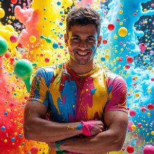 Paint Splat Fun - AI Photos of Hot men having fun with body paint. AI-generated abstract art featuring beautiful, handsome, sexy, shirtless, men, boys, lads, full of excitement joy and fun, covered in body paint, dynamic, interactive, Combining elements of realism with surreal abstract qualities, showcasing the potential of AI, in artistic expression. Photos of guys, just smiling, happy, and having a good time. Most of them are smiling because a paint bomb just blow up next to them, so I'm calling is Abstract Art. When paint attacks and makes people happy, it's Art!