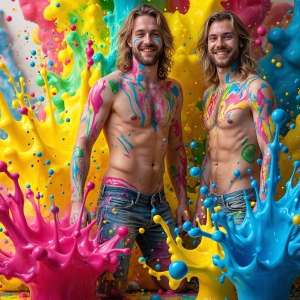 Paint Splat Fun - AI Photos of Hot men having fun with body paint. AI-generated abstract art featuring beautiful, handsome, sexy, shirtless, men, boys, lads, full of excitement joy and fun, covered in body paint, dynamic, interactive, Combining elements of realism with surreal abstract qualities, showcasing the potential of AI, in artistic expression. Photos of guys, just smiling, happy, and having a good time. Most of them are smiling because a paint bomb just blow up next to them, so I'm calling is Abstract Art. When paint attacks and makes people happy, it's Art!