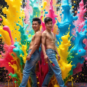 Paint Splat Fun - AI Photos of Hot men having fun with body paint. AI-generated abstract art featuring beautiful, handsome, sexy, shirtless, men, boys, lads, full of excitement joy and fun, covered in body paint, dynamic, interactive, Combining elements of realism with surreal abstract qualities, showcasing the potential of AI, in artistic expression. Photos of guys, just smiling, happy, and having a good time. Most of them are smiling because a paint bomb just blow up next to them, so I'm calling is Abstract Art. When paint attacks and makes people happy, it's Art!